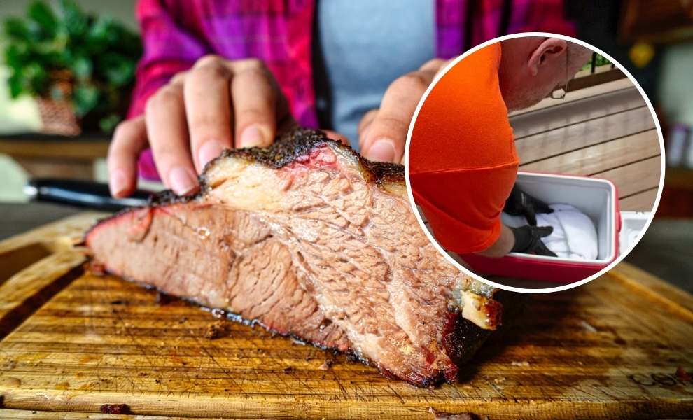 resting brisket in a cooler