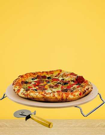 Ceramic Flat Pizza Stone With Crust Cutter Wheel